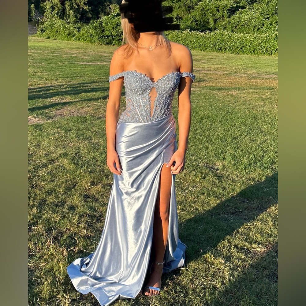 Sherri Hill Blue-Silver Off-Shoulder Evening Gown